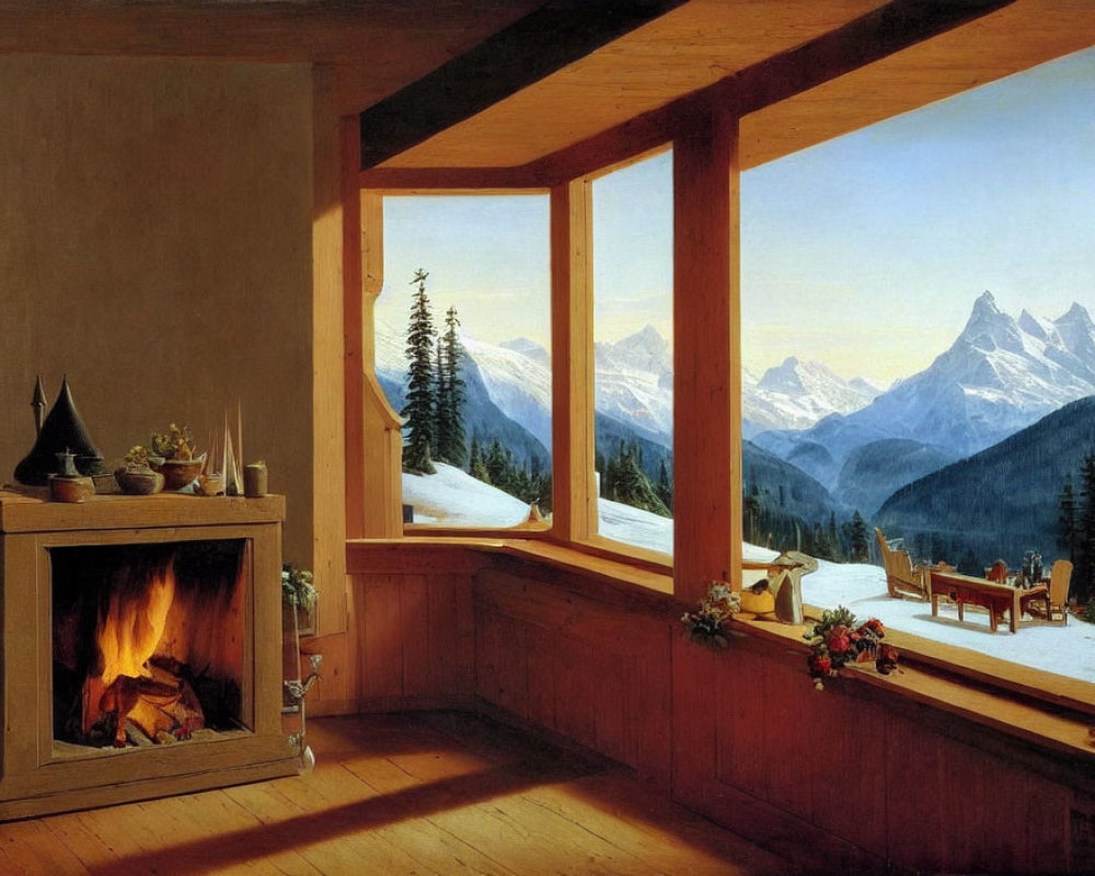 Warm Cabin Interior with Fireplace, Plants, and Snowy Mountain View