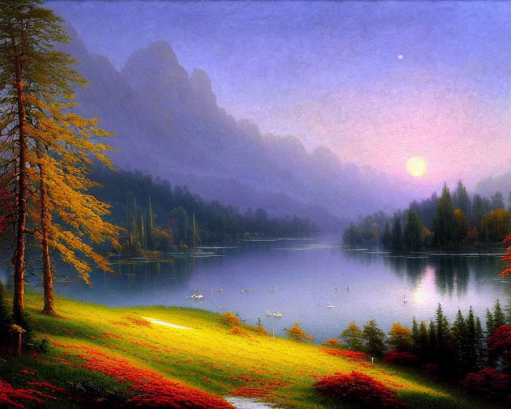 Tranquil sunset scene over calm lake with autumn trees