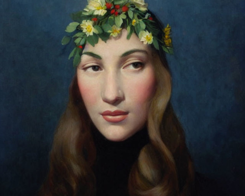 Portrait of woman with floral wreath, long brunette hair, red cheeks, dark turtleneck,