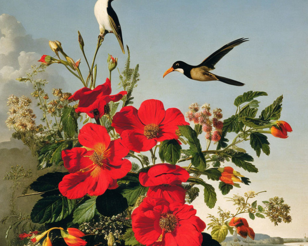 Colorful painting: two birds, one perched, one in flight, surrounded by red blooms.