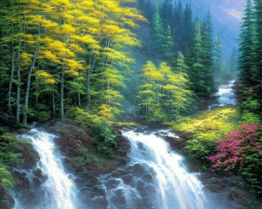 Tranquil forest scene with cascading waterfall and vibrant foliage