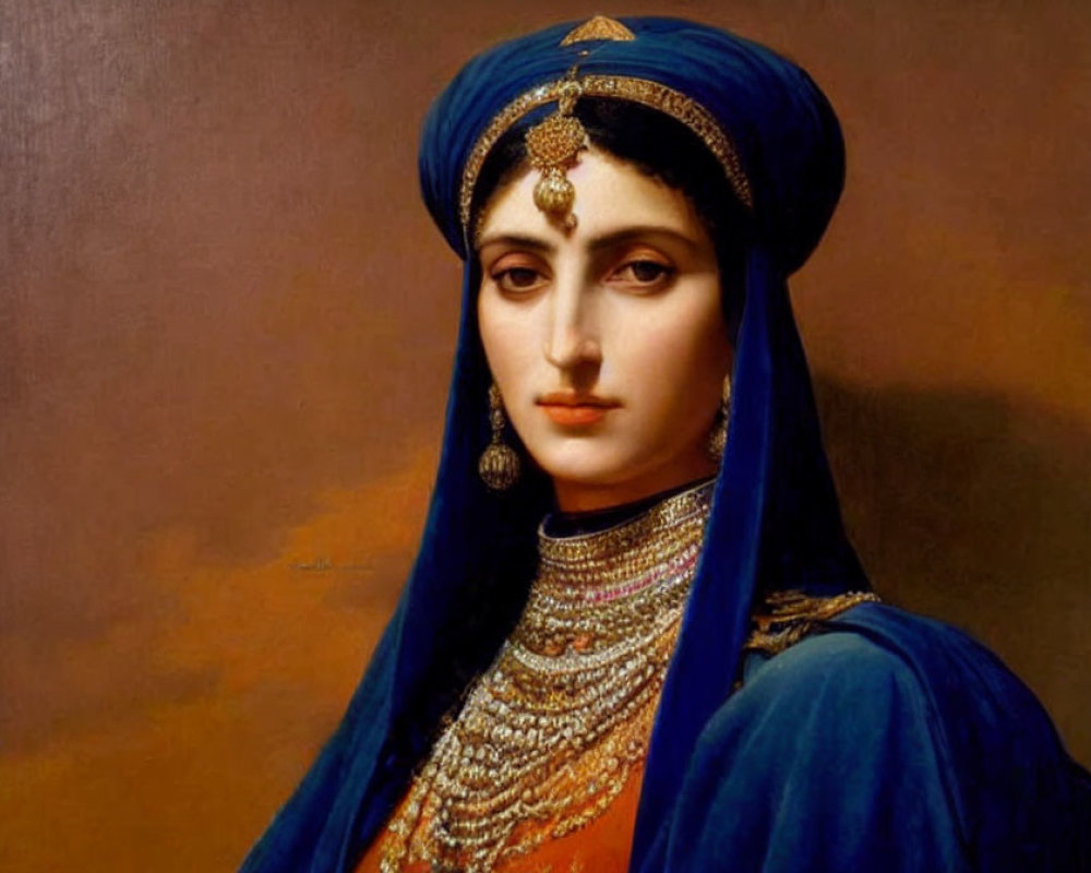 Traditional Portrait of Woman in Blue and Gold Headdress