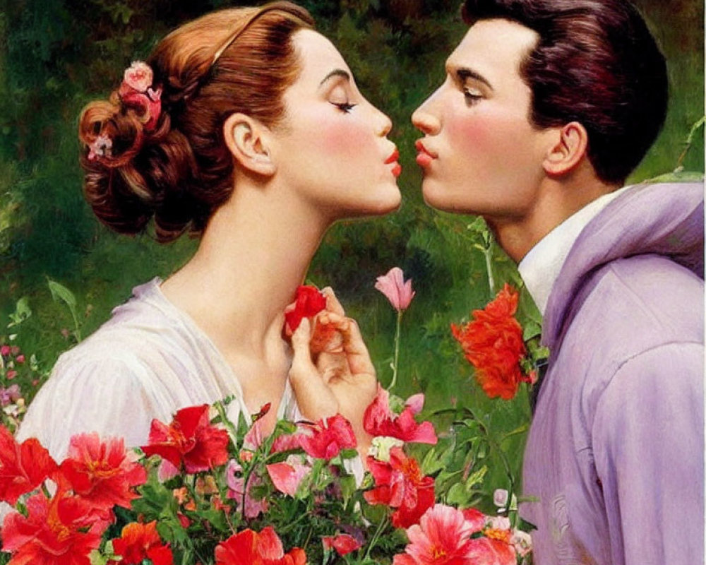 Couple kissing surrounded by red flowers in lilac jacket scene