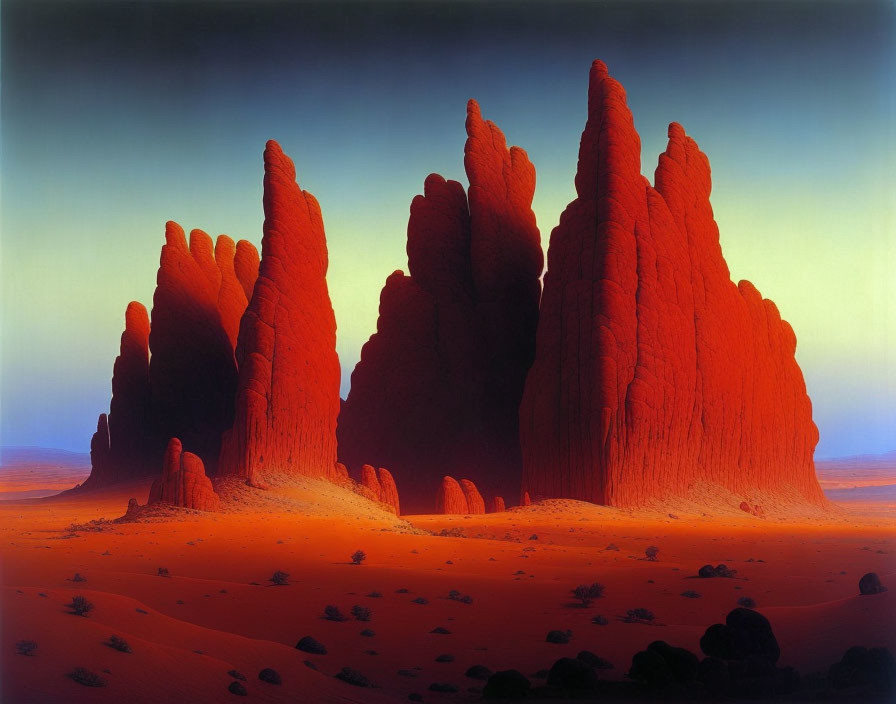 Red Sandstone Spires Tower in Desert Sunset Sky