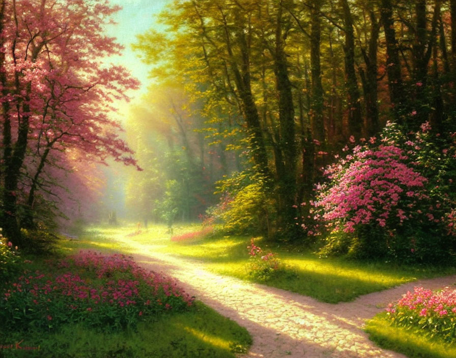 Tranquil Path with Blossoming Trees and Flowers