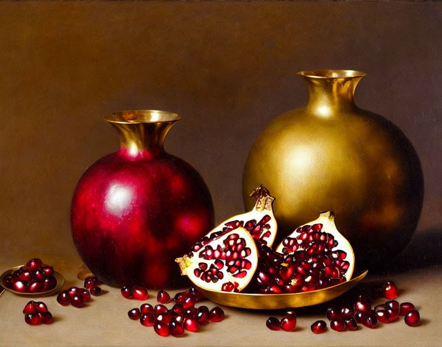 Vibrant still life painting with red pomegranate, golden vases, and scattered seeds