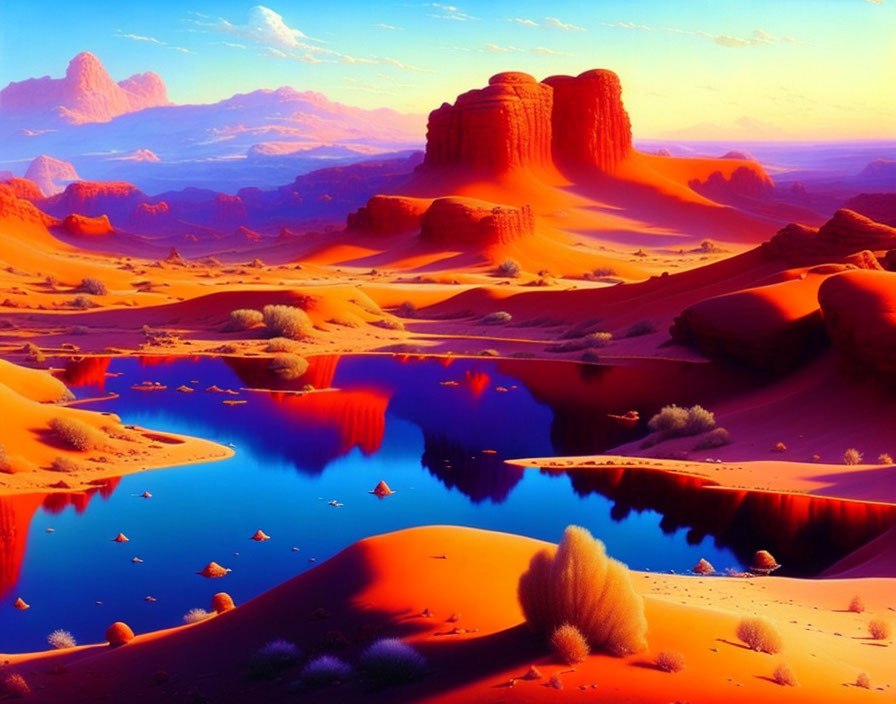 Colorful desert sunset with blue water, orange dunes, and purple sky