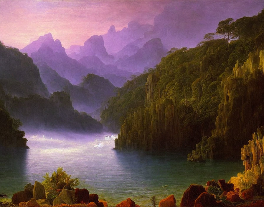 Tranquil lake scene with cliffs and mountains under warm sky