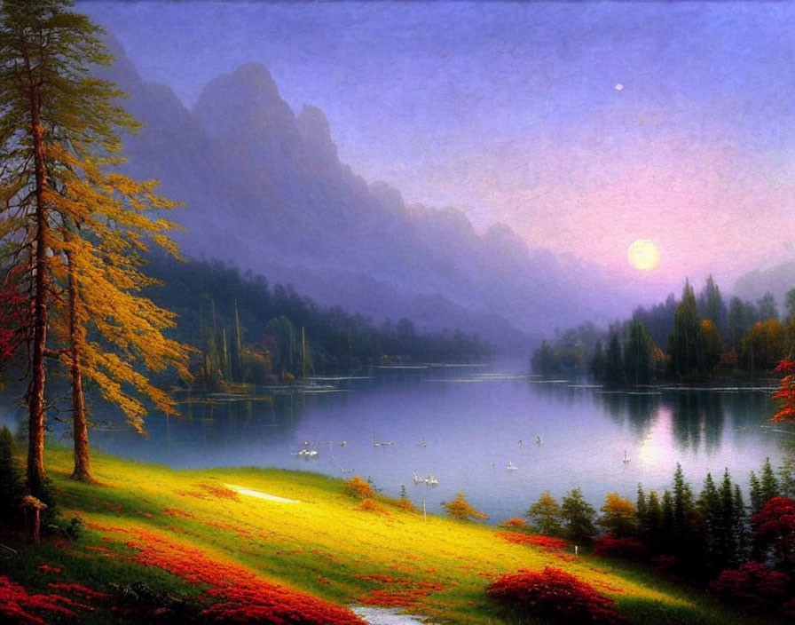 Tranquil sunset scene over calm lake with autumn trees