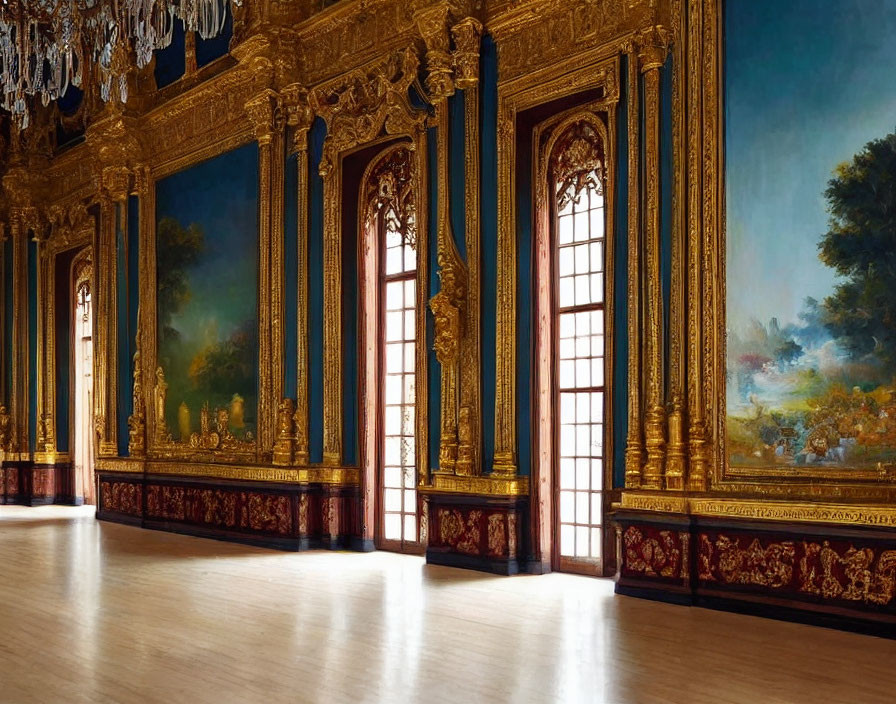 Luxurious Room with Tall Windows, Gold Detailing, Paintings, and Wooden Floor