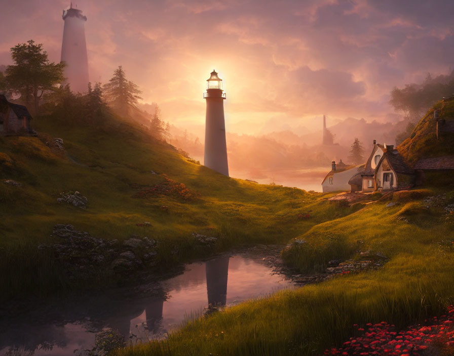 Tranquil sunset scene with glowing lighthouse over village and river reflection