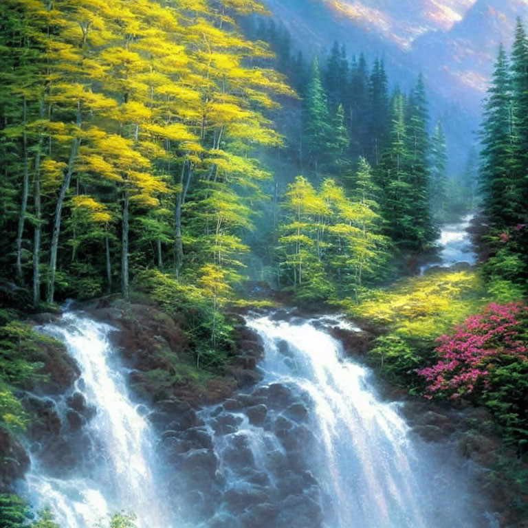 Tranquil forest scene with cascading waterfall and vibrant foliage