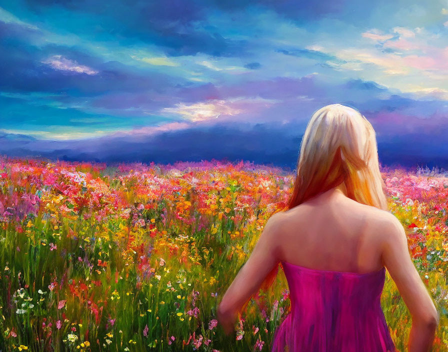 Woman in Pink Dress in Vibrant Flower Field at Sunset