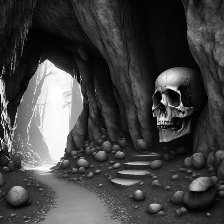 Monochrome image of cave entrance with human skull and forest pathway