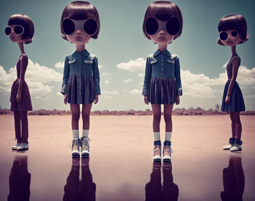 Four dolls in retro outfits with oversized heads and sunglasses under cloudy sky