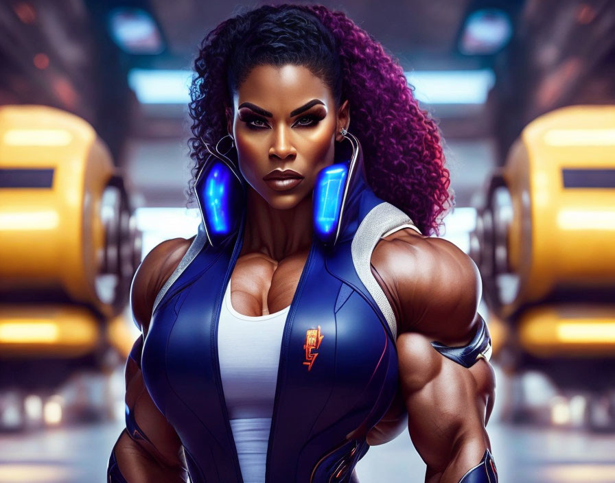 Muscular Female Character with Cybernetic Augmentations in Futuristic Setting