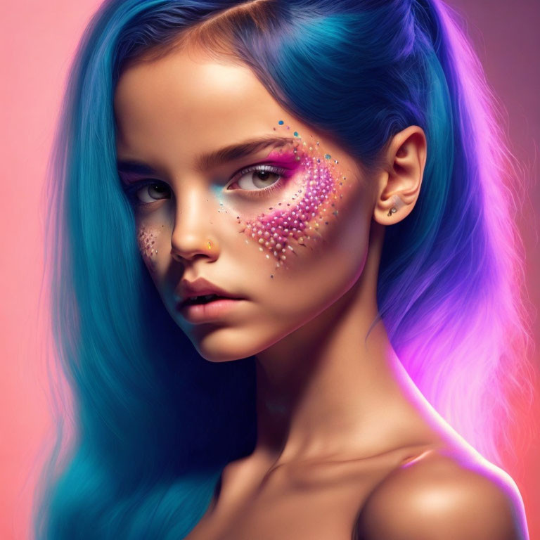 Vibrant portrait with blue hair, purple makeup, sequins on colorful backdrop