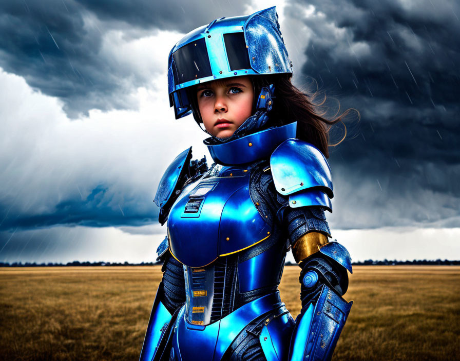 Young Child in Futuristic Blue Armor Stands Under Stormy Sky