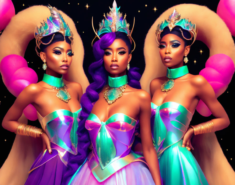 Three women in purple and teal fantasy costumes with regal headpieces on starry background