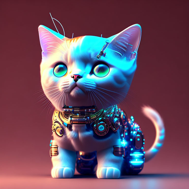 Robotic cat 3D illustration with glowing eyes and cybernetic enhancements