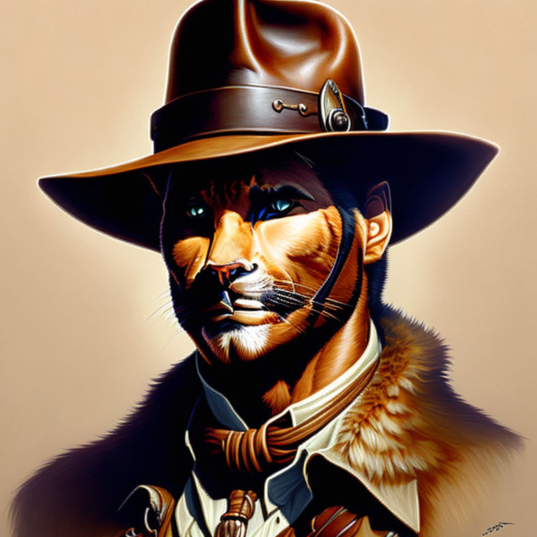 Anthropomorphic feline in cowboy attire with revolver and sheriff's badge.