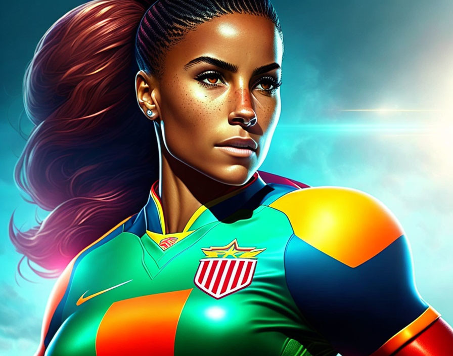 Vibrant woman in colorful soccer jersey against blue backdrop