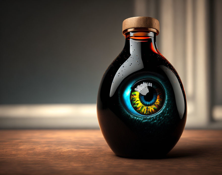 Colorful eye in glass bottle with cork on wooden surface