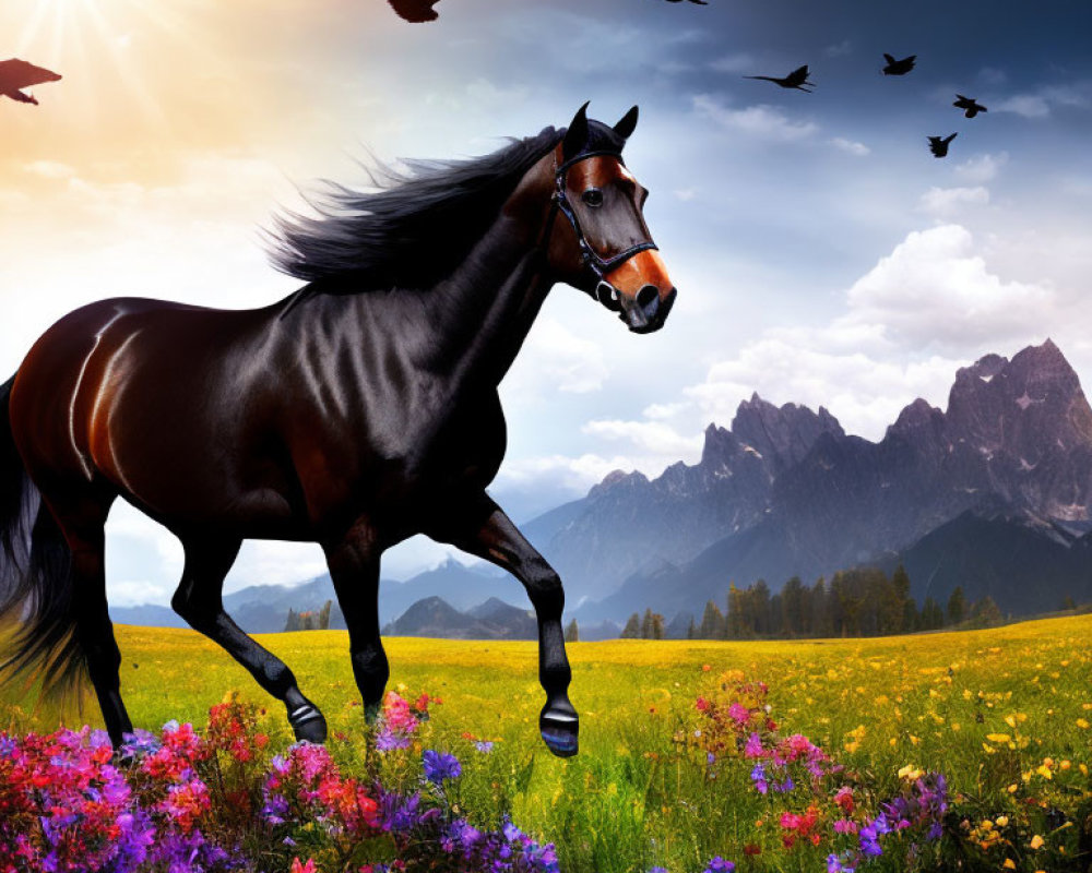 Majestic horse galloping in vibrant meadow with mountains and sunlit sky