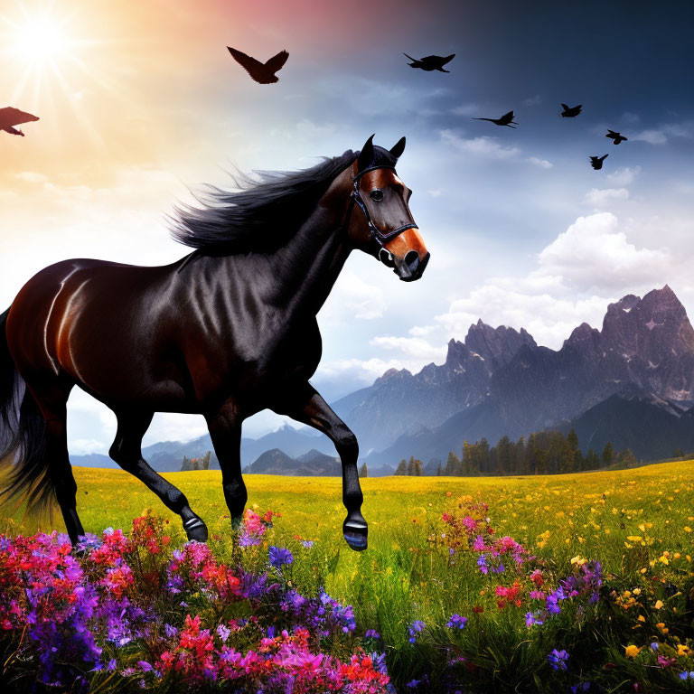 Majestic horse galloping in vibrant meadow with mountains and sunlit sky