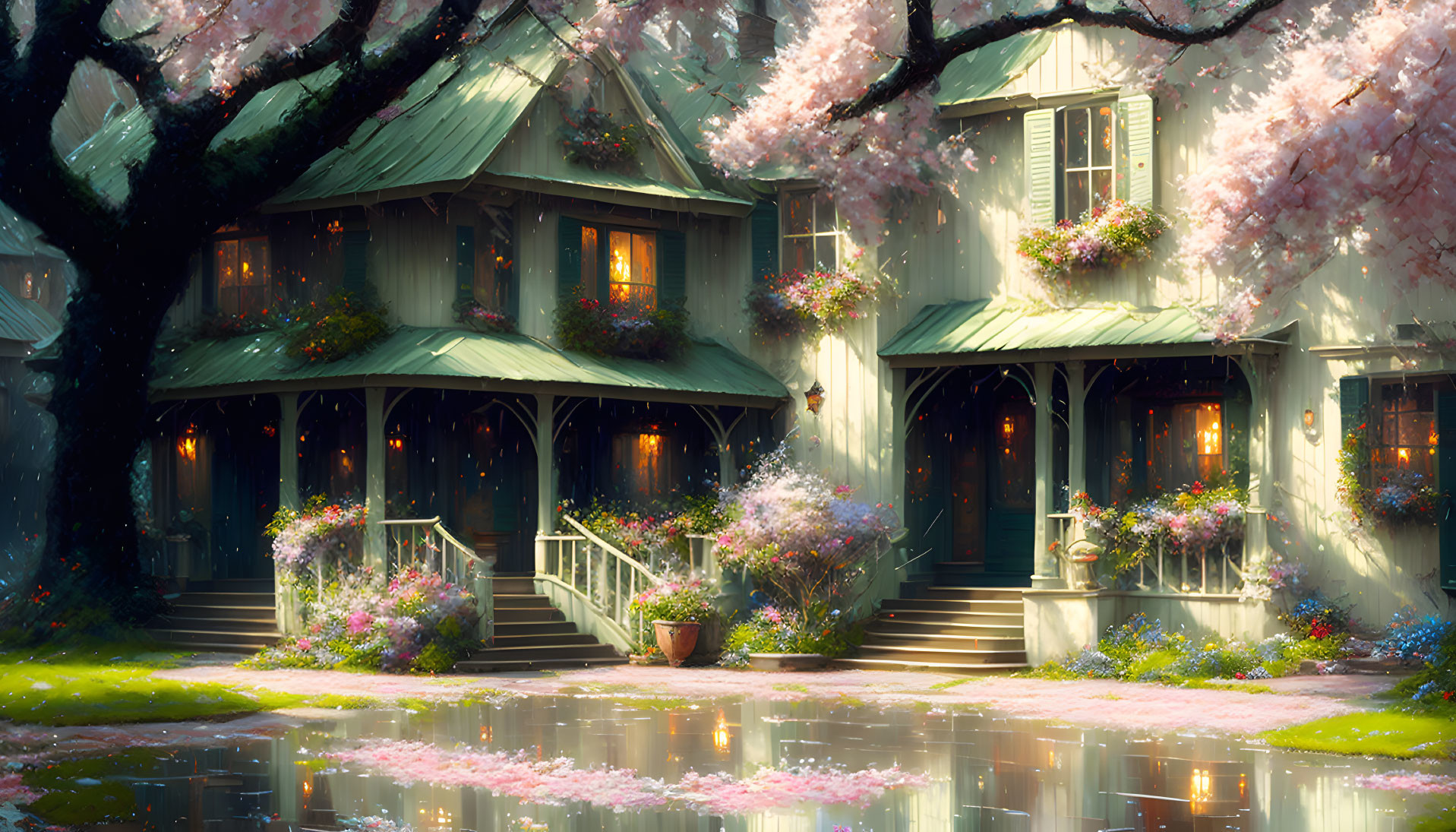 Tranquil cottage nestled among blooming trees by reflective water