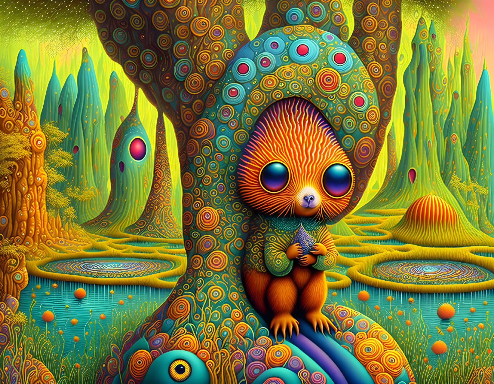 Colorful psychedelic creature with gem in vibrant illustration