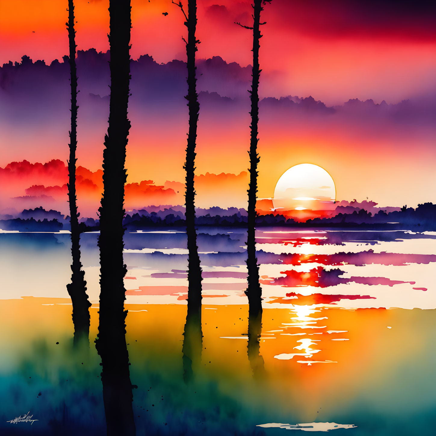 Colorful Watercolor Landscape: Sunset, Trees, Reflections