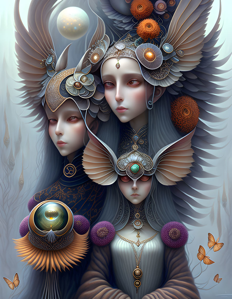 Ethereal beings with ornate headdresses and wings, surrounded by butterflies