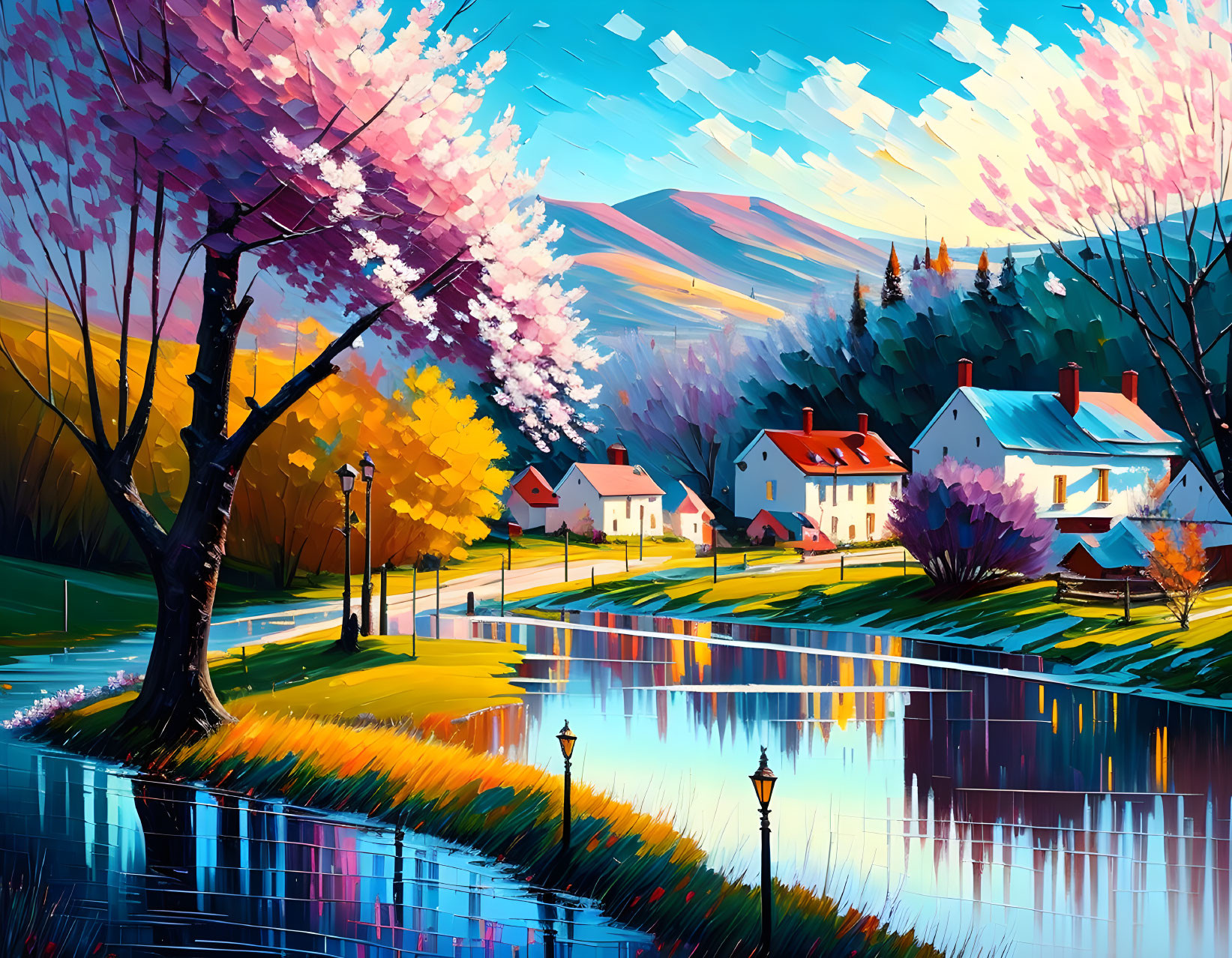 Scenic digital artwork: village by lake, cherry blossoms, traditional houses, street lamps, sunset