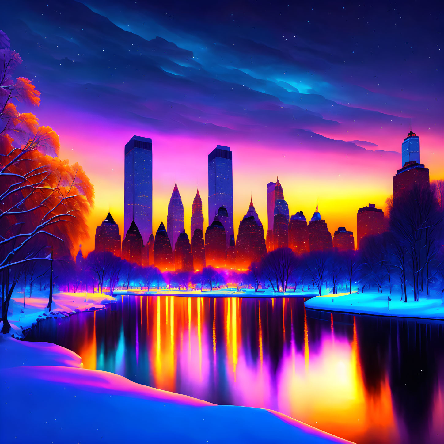 Cityscape digital artwork: sunset reflections, snow-covered park, starry sky
