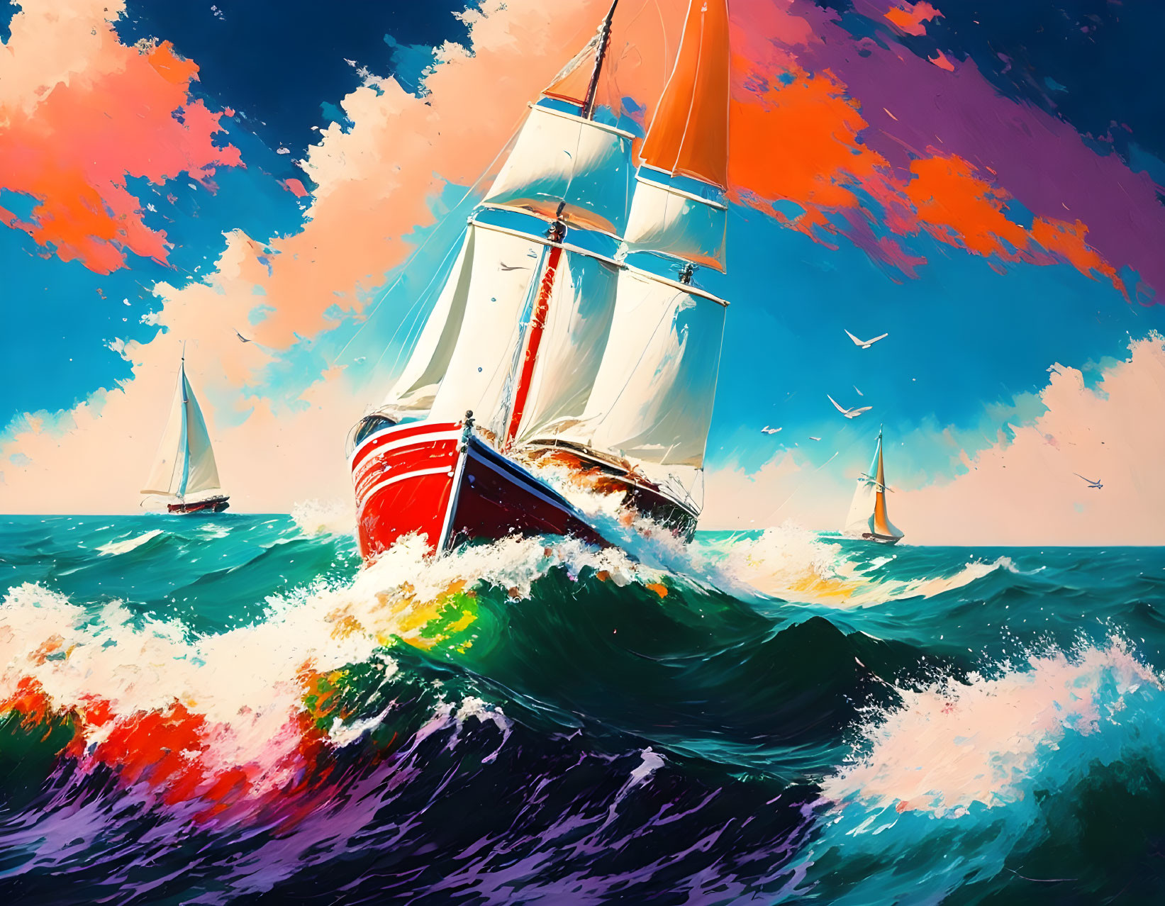 Colorful Sailboat Painting with Choppy Seas and Stylized Clouds