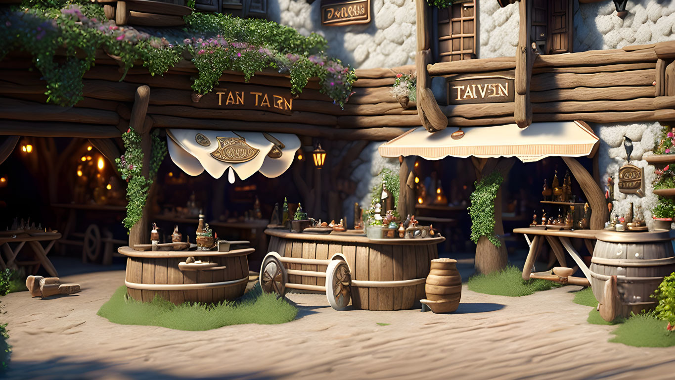 Whimsical outdoor tavern scene at dusk with wooden tables, barrels, and greenery