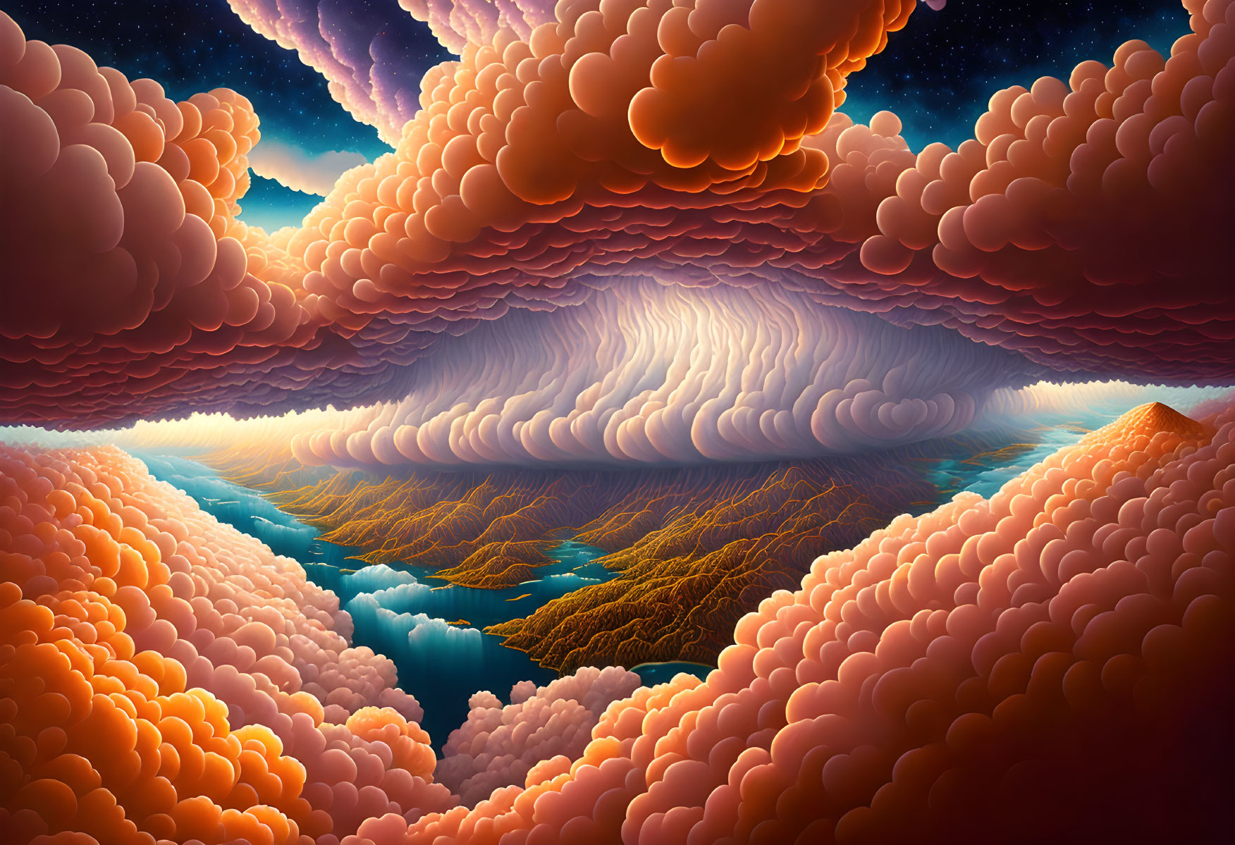 Surreal Landscape with Orange Clouds, Wave-like Formation, Lake, and Starlit Sky