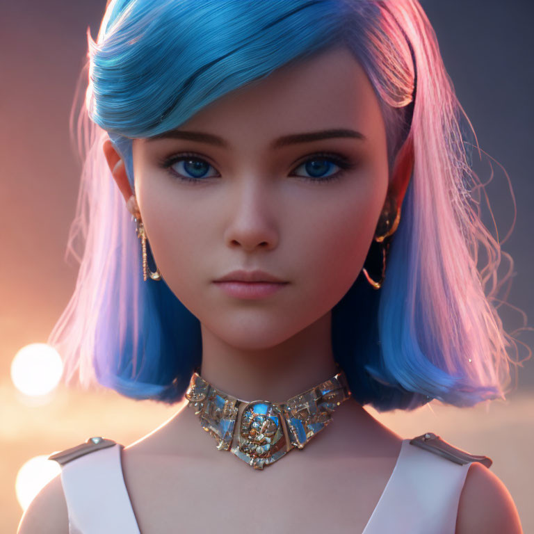 Digital artwork featuring female character with blue hair and futuristic collar necklace