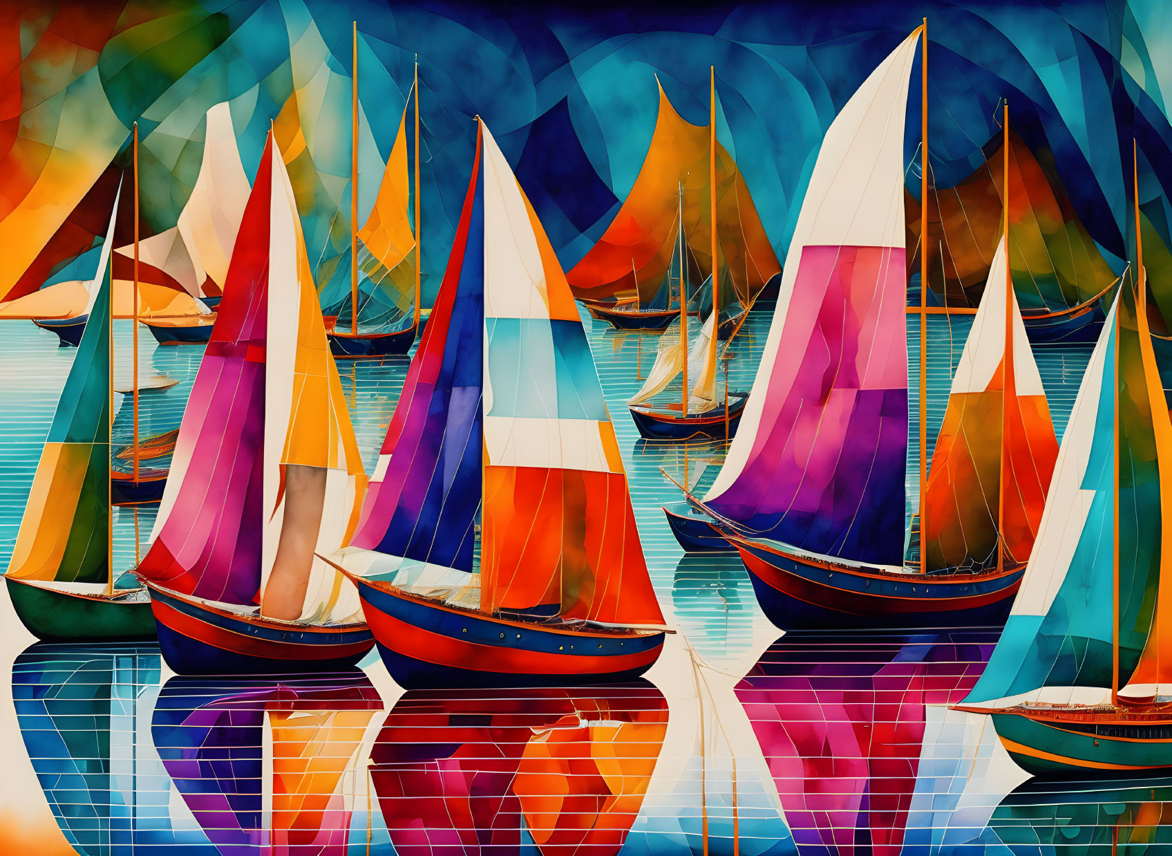 Colorful abstract painting of sailboats on geometric sea with dynamic sky