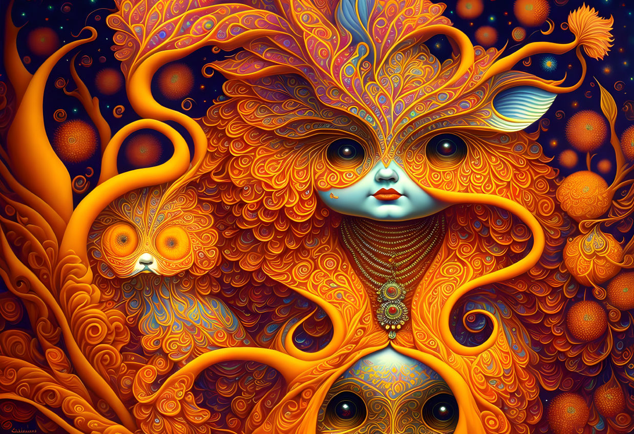 Colorful digital artwork featuring anthropomorphic creatures with intricate patterns