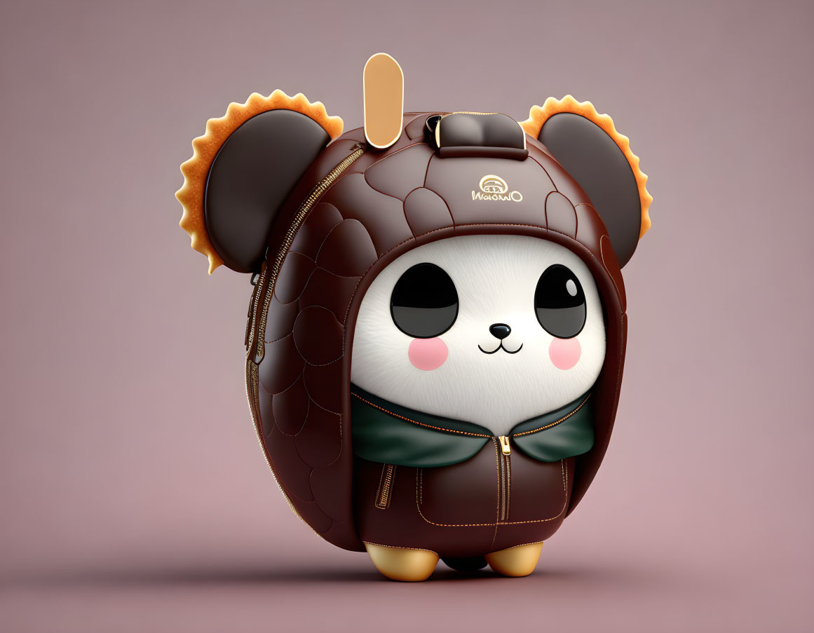 Stylized panda character backpack with brown leather and gold zippers