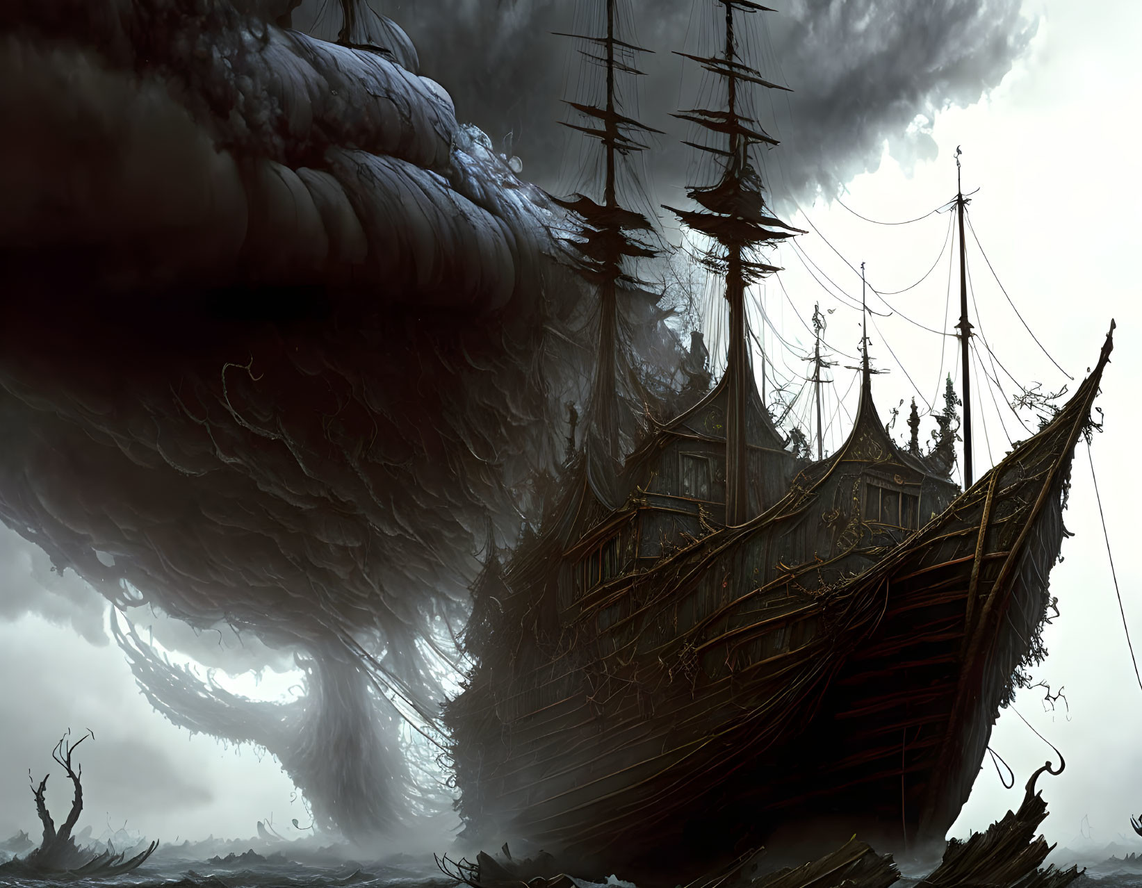 Giant wooden ship on shore under swirling storm clouds