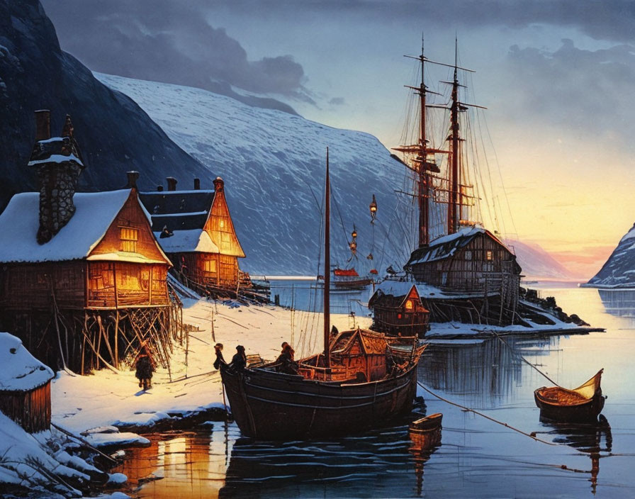 Snowy Harbor Scene: Wooden Houses, Boats, and Silhouetted Figures at Sunset