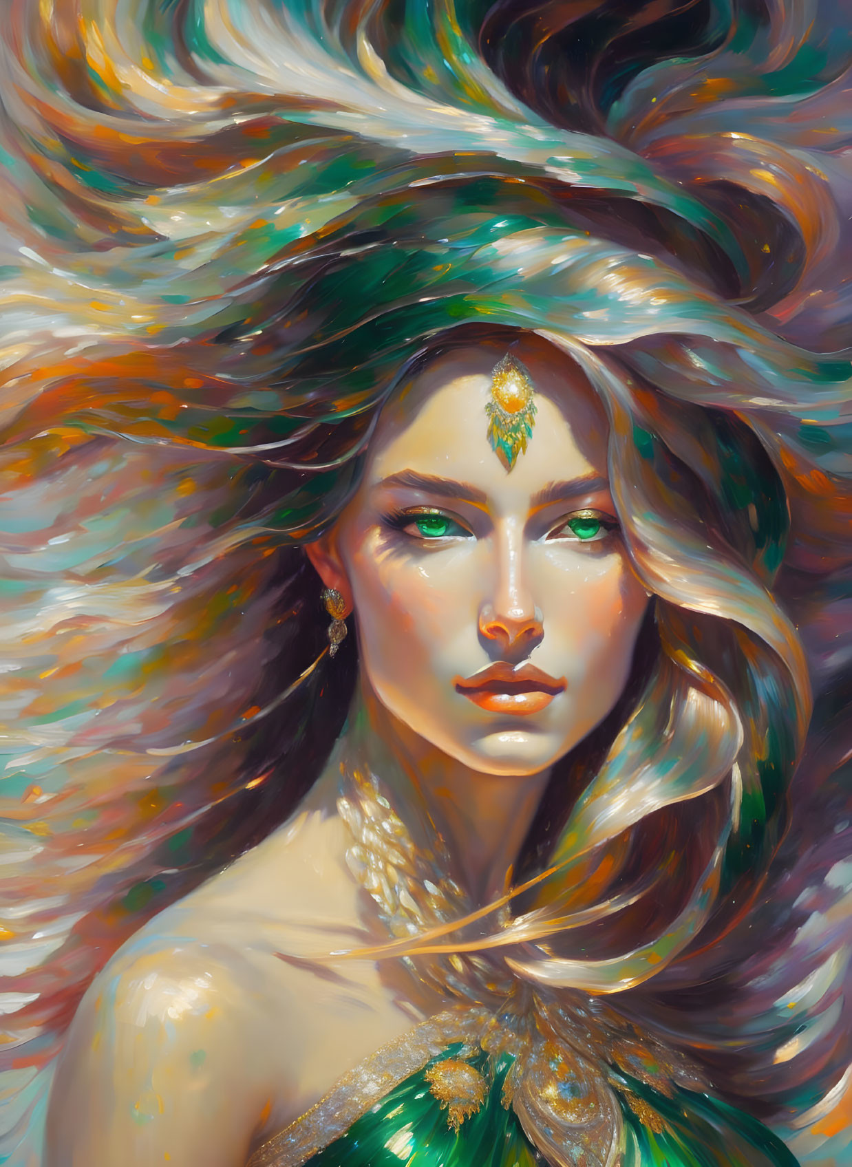 Vibrant fantasy portrait of a woman with flowing hair and intricate jewelry