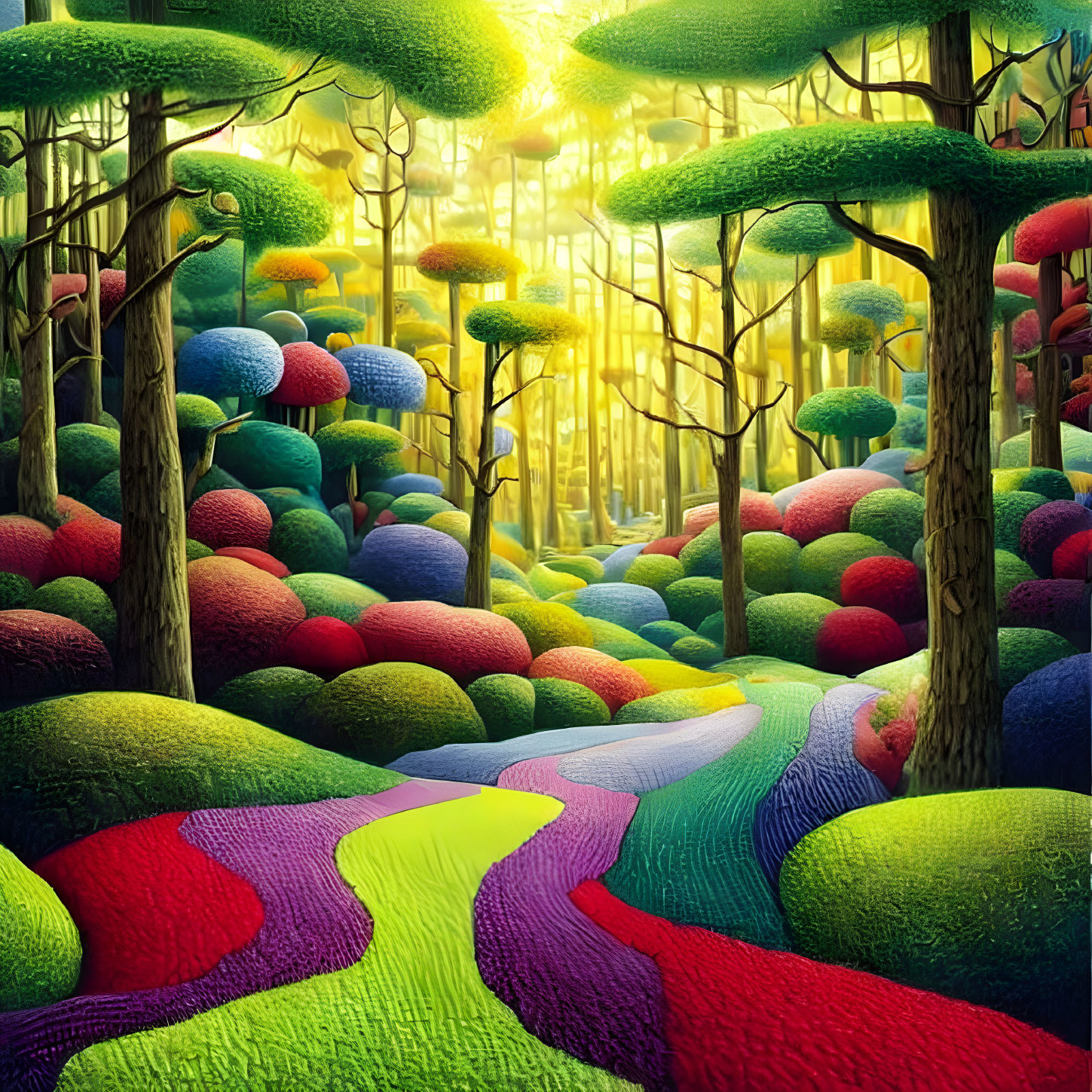Multicolored, Textured Forest Floor with Illuminated Tree Canopies