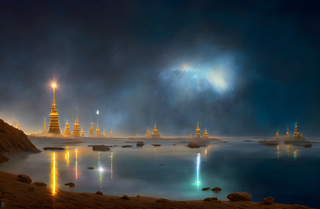 Night sky over serene lake with illuminated temples