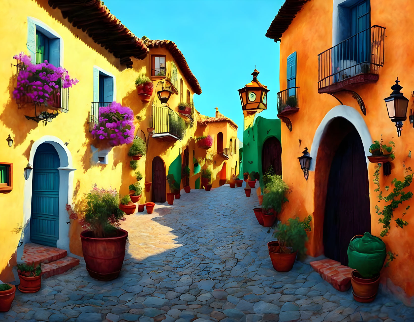 Vibrant cobblestone street with colorful walls and lush greenery