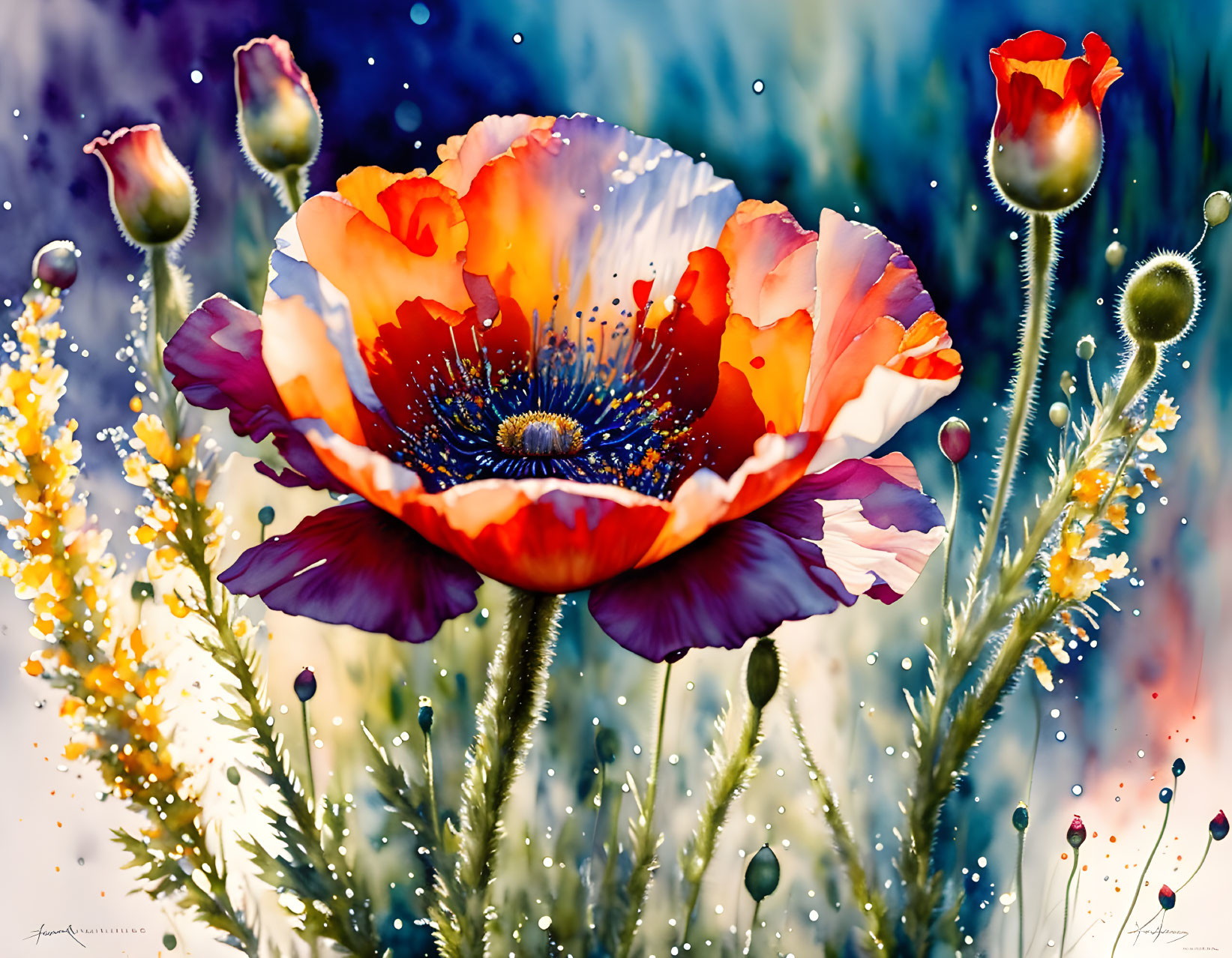 Colorful Poppy Flower Artwork with Water Droplets and Bokeh Background