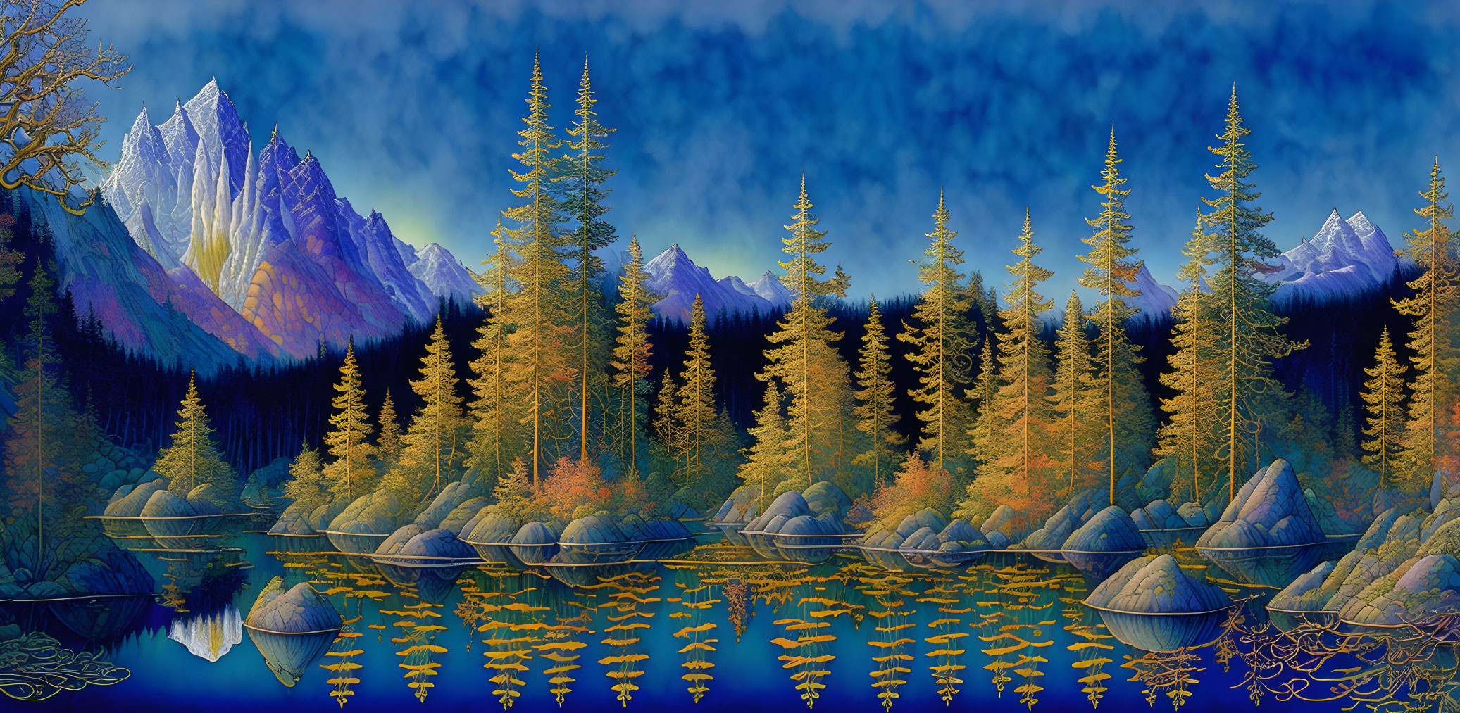 Tranquil landscape with reflective lake, pine trees, twilight sky, and snow-capped mountains